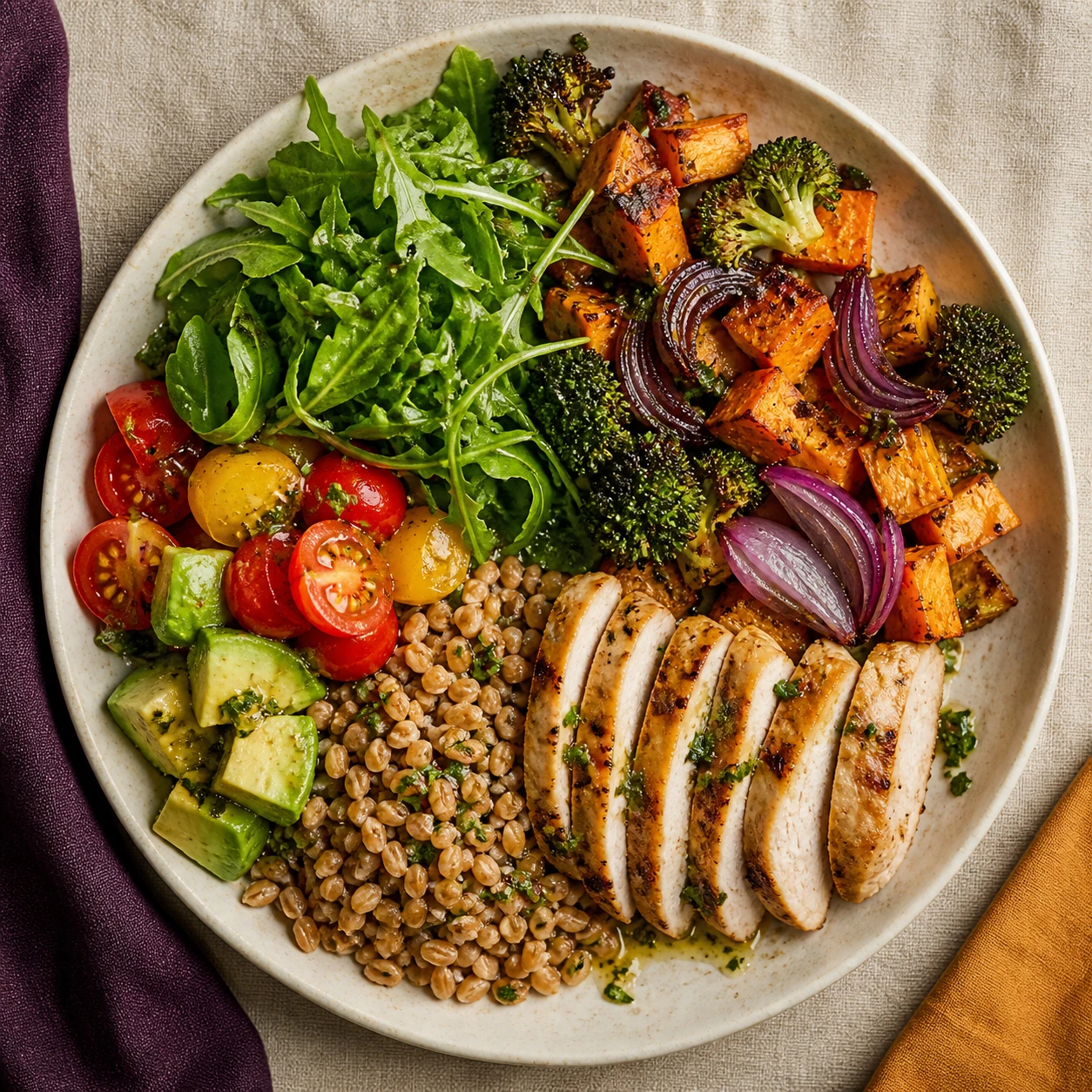 Prato equilibrado com folhas, legumes assados, grãos, abacate e frango grelhado
